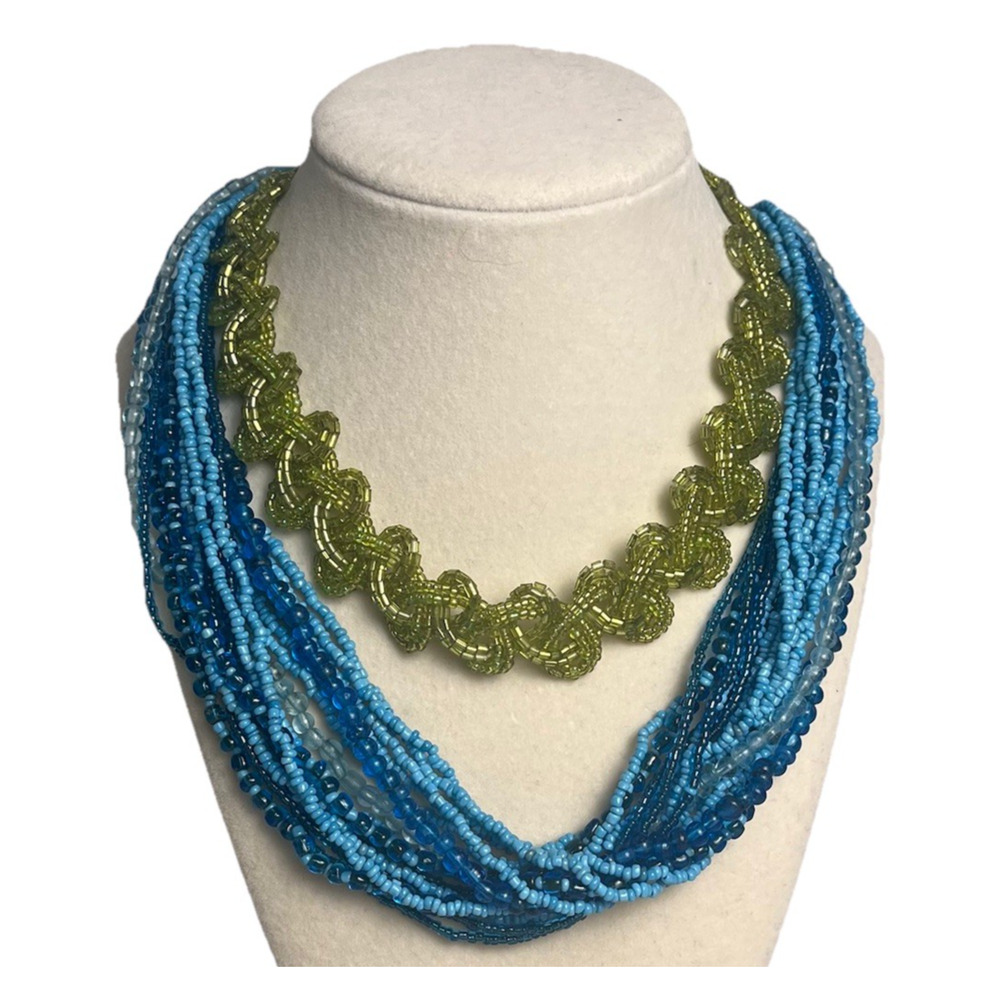Multi Strand Seed Bead Necklace Lot Blue Green Braided Choker Boho Jewelry